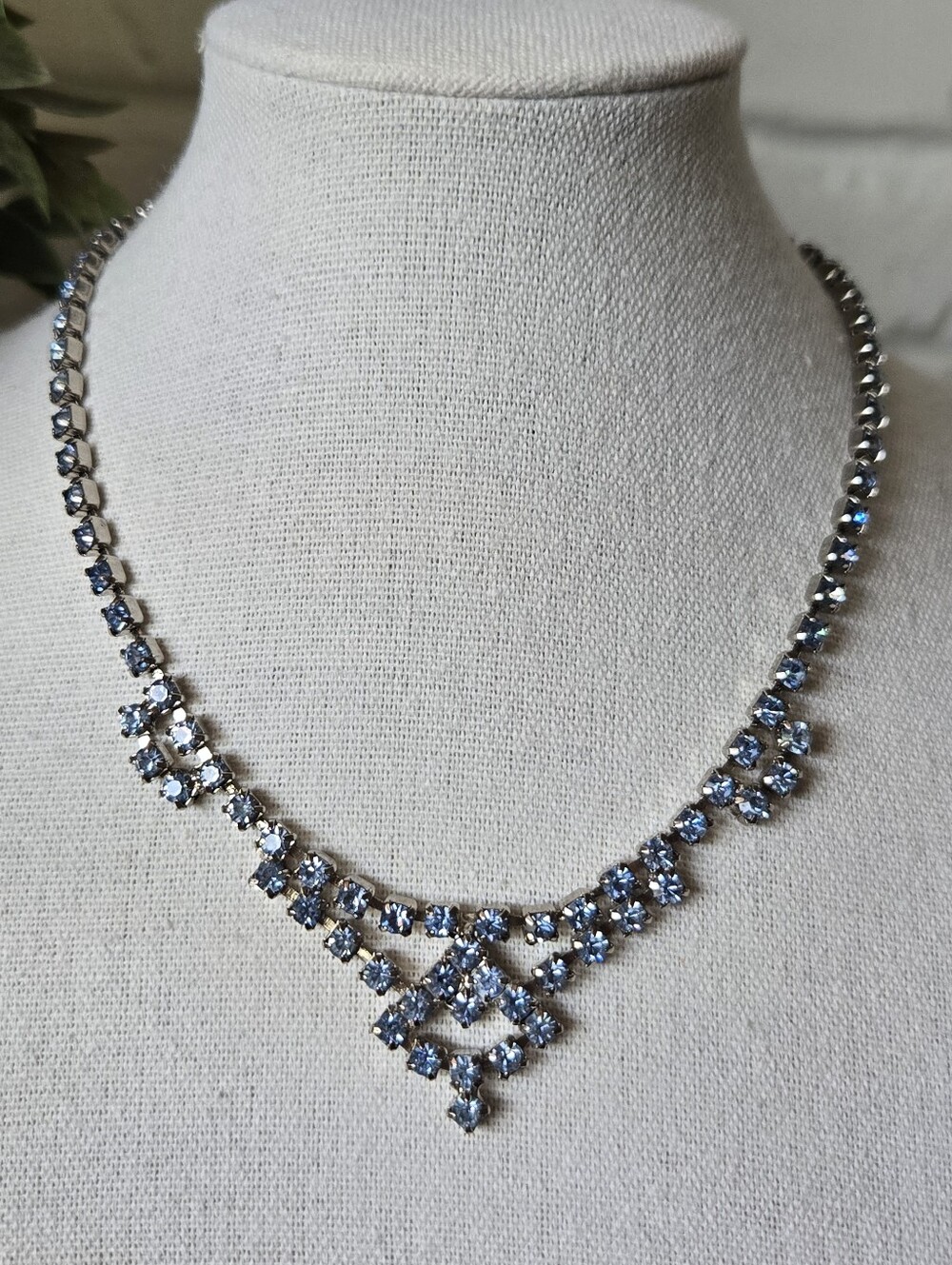 Vtg 50s Deco Style Blue Rhinestone Necklace, Collar, Choker, Party, Wedding